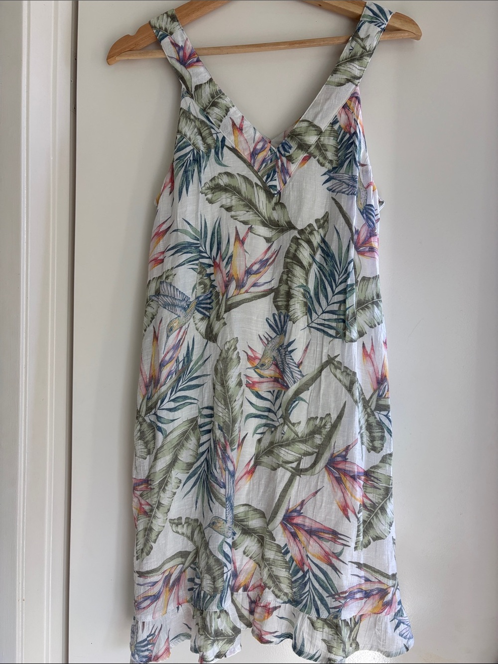 Divided White Tropical Midi Dress with Green & Pink Accents